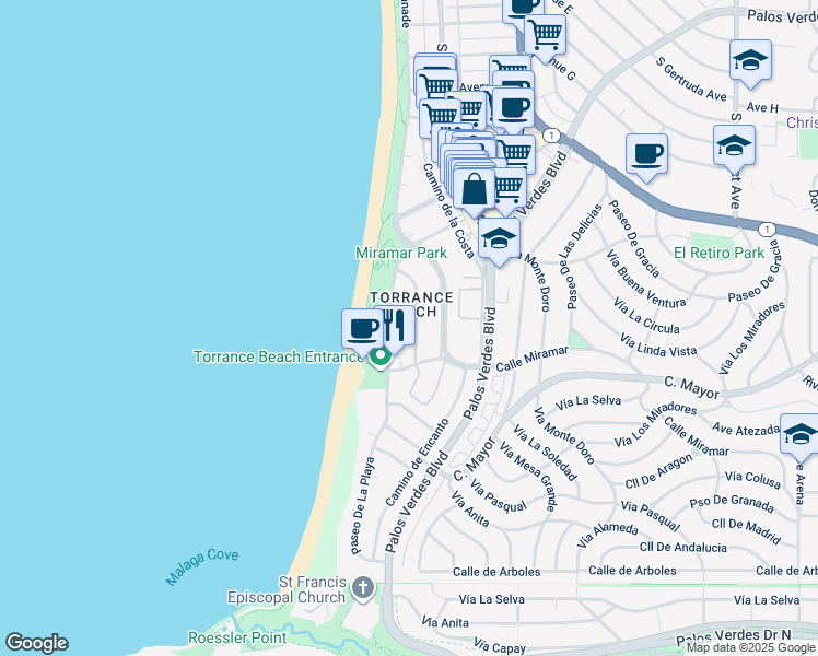map of restaurants, bars, coffee shops, grocery stores, and more near 151 Paseo De La Concha in Redondo Beach