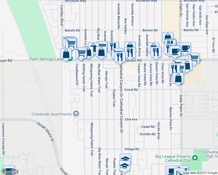 map of restaurants, bars, coffee shops, grocery stores, and more near 32406 Navajo Trail in Cathedral City