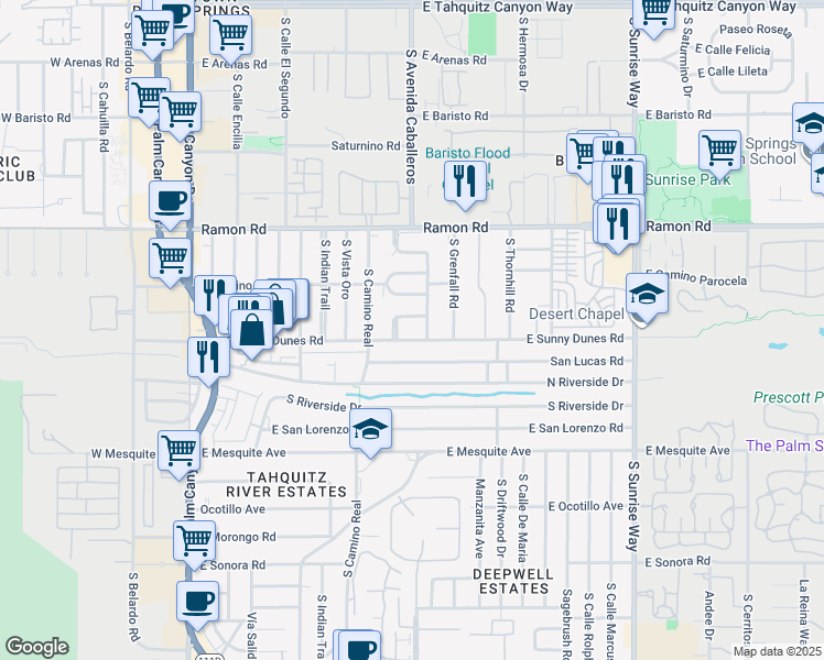 map of restaurants, bars, coffee shops, grocery stores, and more near 880 East Sunny Dunes Road in Palm Springs