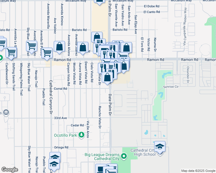 map of restaurants, bars, coffee shops, grocery stores, and more near 32475 Date Palm Drive in Cathedral City
