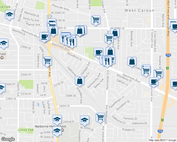 map of restaurants, bars, coffee shops, grocery stores, and more near 23405 Sidlee Place in Los Angeles