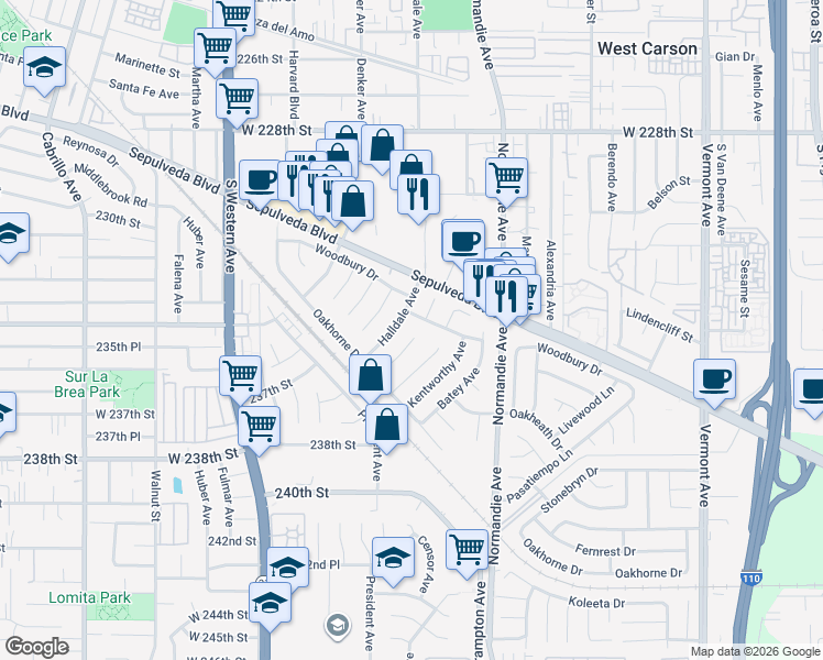 map of restaurants, bars, coffee shops, grocery stores, and more near 23405 Sidlee Place in Los Angeles