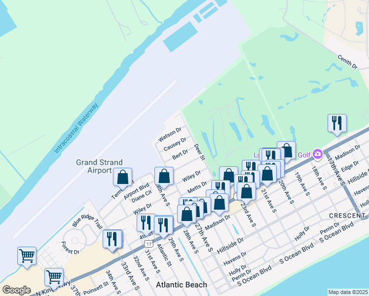 map of restaurants, bars, coffee shops, grocery stores, and more near 2400 Bert Drive in North Myrtle Beach