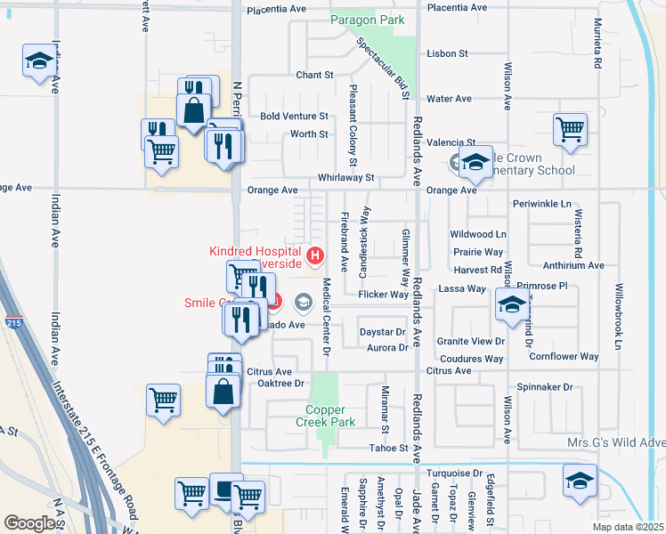 map of restaurants, bars, coffee shops, grocery stores, and more near 2241 Medical Center Drive in Perris