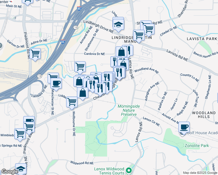 map of restaurants, bars, coffee shops, grocery stores, and more near 2080a Cheshire Bridge Road Northeast in Atlanta