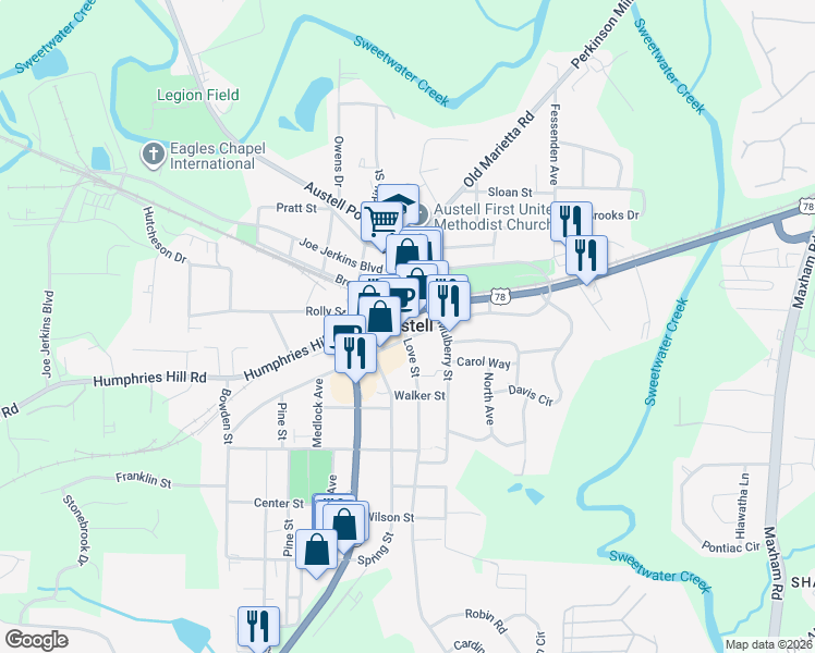 map of restaurants, bars, coffee shops, grocery stores, and more near 2765 Veterans Memorial Highway Southwest in Austell