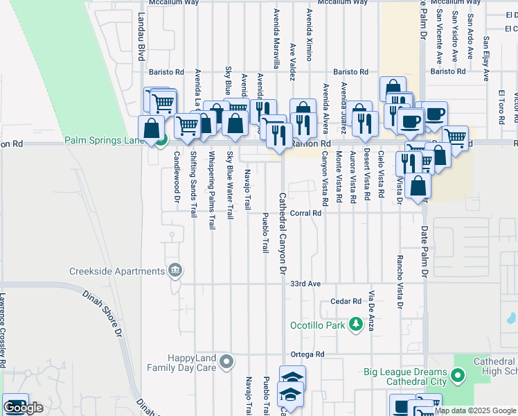 map of restaurants, bars, coffee shops, grocery stores, and more near 68444 Corral Road in Cathedral City
