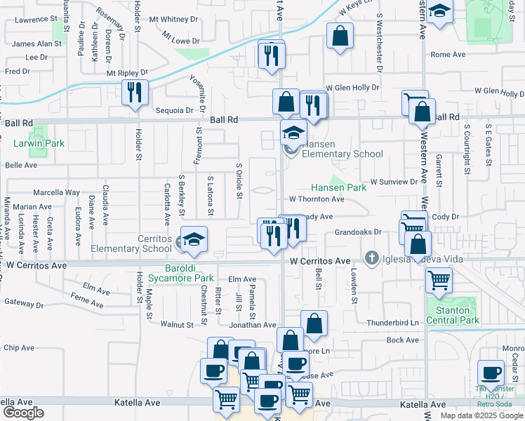 map of restaurants, bars, coffee shops, grocery stores, and more near 3539 West Greentree Circle in Anaheim