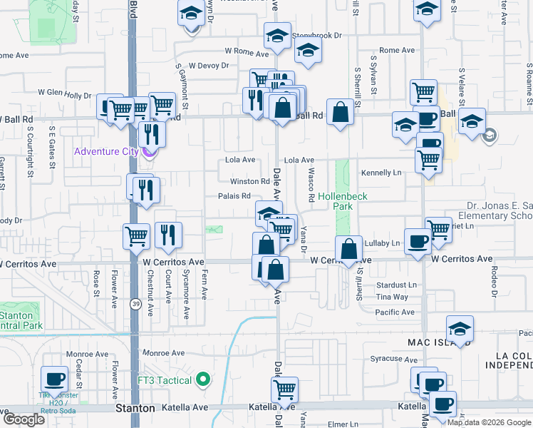 map of restaurants, bars, coffee shops, grocery stores, and more near 10309 Sonnet Street in Stanton