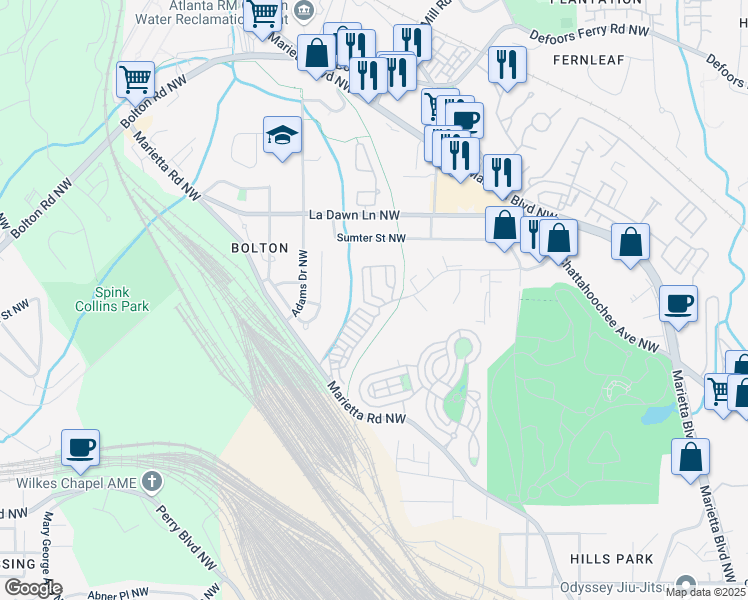 map of restaurants, bars, coffee shops, grocery stores, and more near 1944 Westside Boulevard Northwest in Atlanta