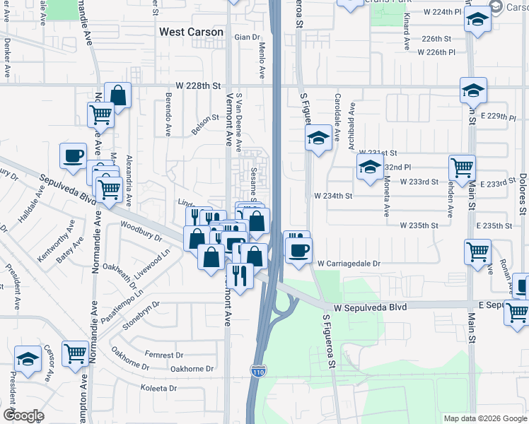 map of restaurants, bars, coffee shops, grocery stores, and more near 826 Coriander Drive in Torrance