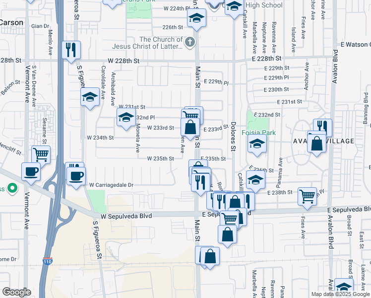 map of restaurants, bars, coffee shops, grocery stores, and more near 23426 Mehden Avenue in Carson