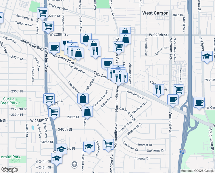map of restaurants, bars, coffee shops, grocery stores, and more near 1311 Woodbury Drive in Los Angeles