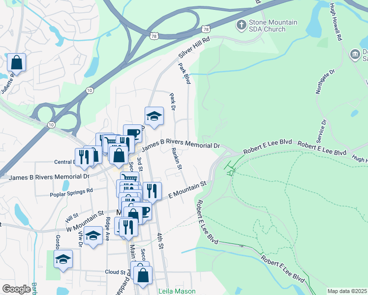 map of restaurants, bars, coffee shops, grocery stores, and more near 1151 Rankin Street in Stone Mountain