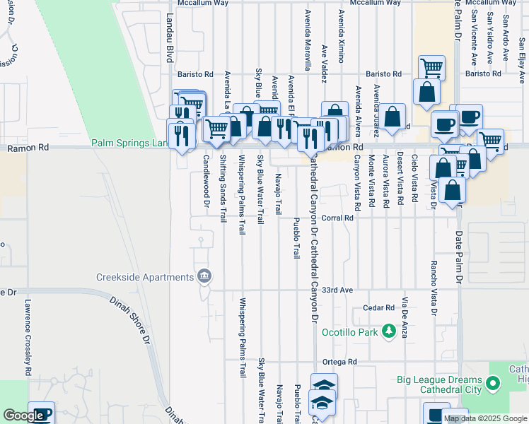 map of restaurants, bars, coffee shops, grocery stores, and more near 32440 Sky Blue Water Trail in Cathedral City