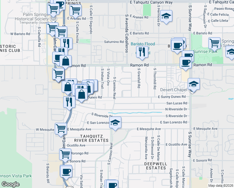 map of restaurants, bars, coffee shops, grocery stores, and more near 10 Warm Sands Place in Palm Springs