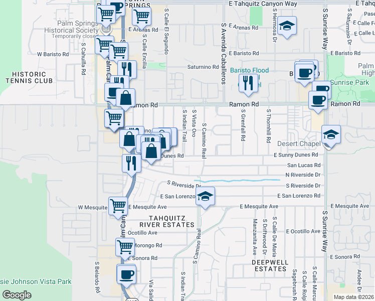 map of restaurants, bars, coffee shops, grocery stores, and more near 666 South Vista Oro in Palm Springs