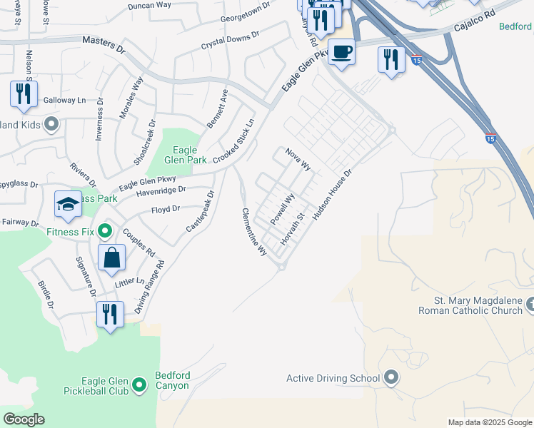 map of restaurants, bars, coffee shops, grocery stores, and more near 4161 Eagle Glen Parkway in Corona