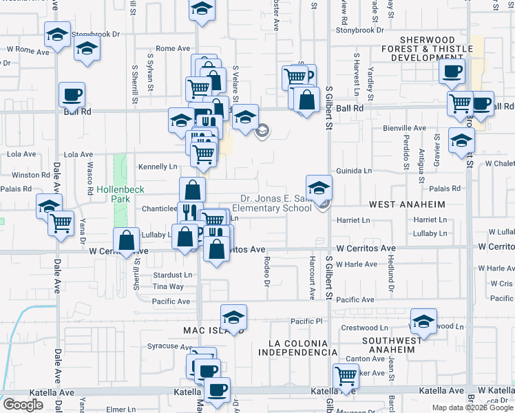 map of restaurants, bars, coffee shops, grocery stores, and more near 2487 West Chanticleer Road in Anaheim