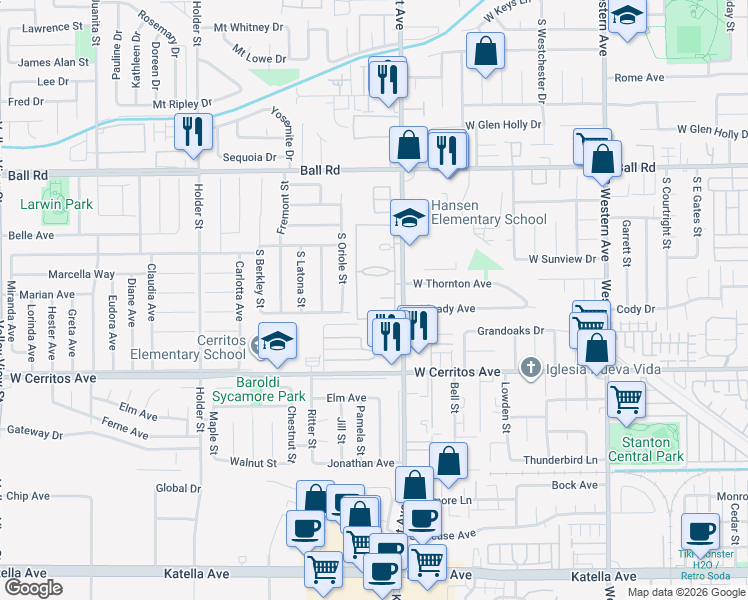 map of restaurants, bars, coffee shops, grocery stores, and more near 3539 West Greentree Circle in Anaheim