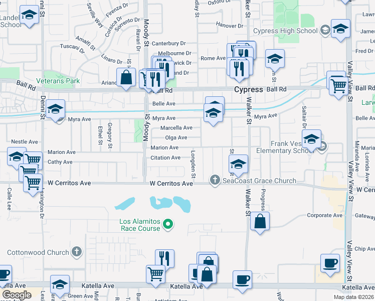 map of restaurants, bars, coffee shops, grocery stores, and more near 5161 Marion Avenue in Cypress