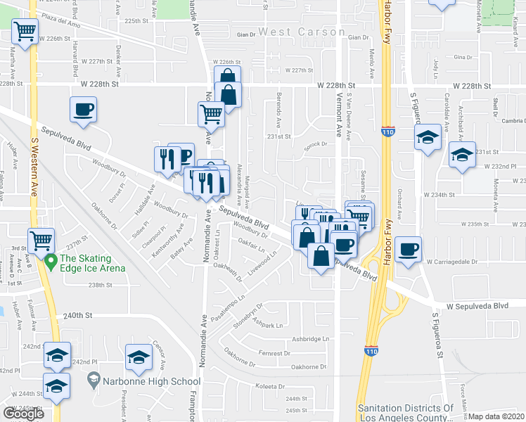 map of restaurants, bars, coffee shops, grocery stores, and more near 1125 Sepulveda Boulevard in Torrance