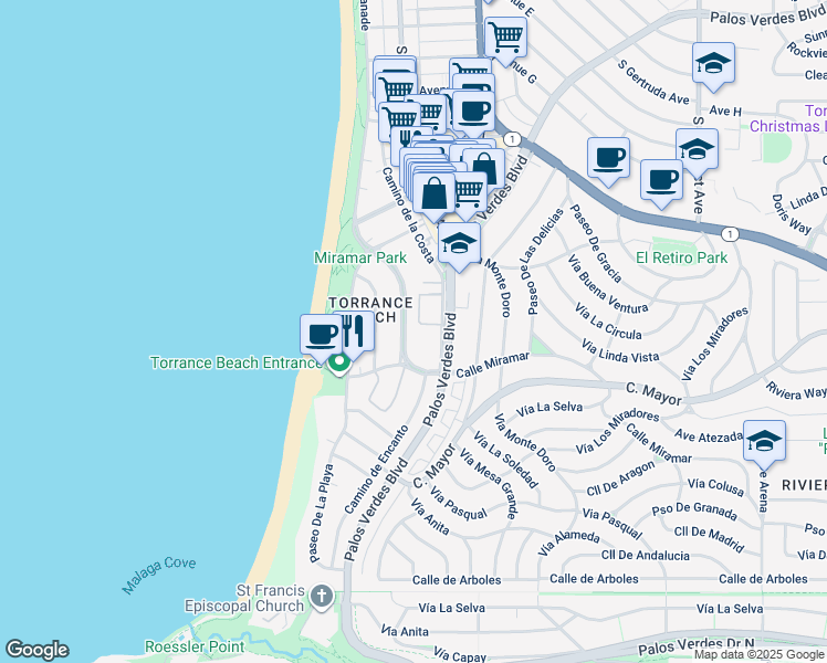 map of restaurants, bars, coffee shops, grocery stores, and more near 343 Camino de la Costa in Redondo Beach