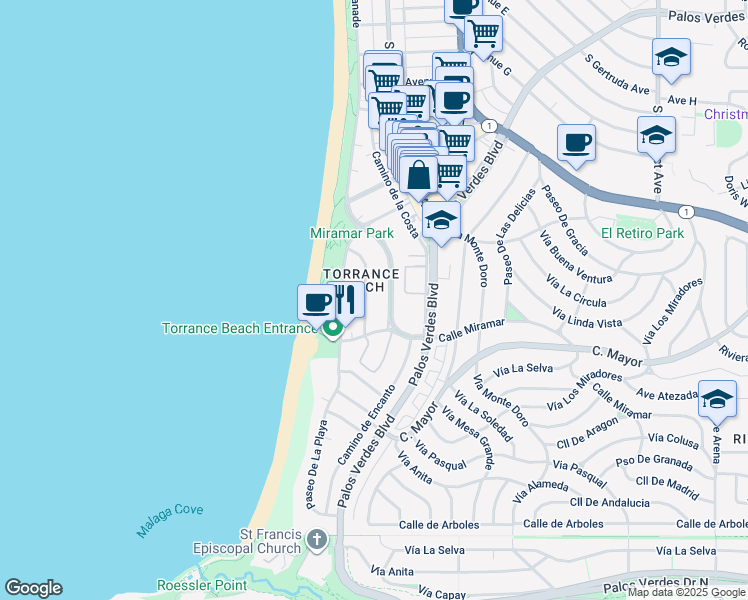 map of restaurants, bars, coffee shops, grocery stores, and more near 142 Paseo De La Concha in Redondo Beach