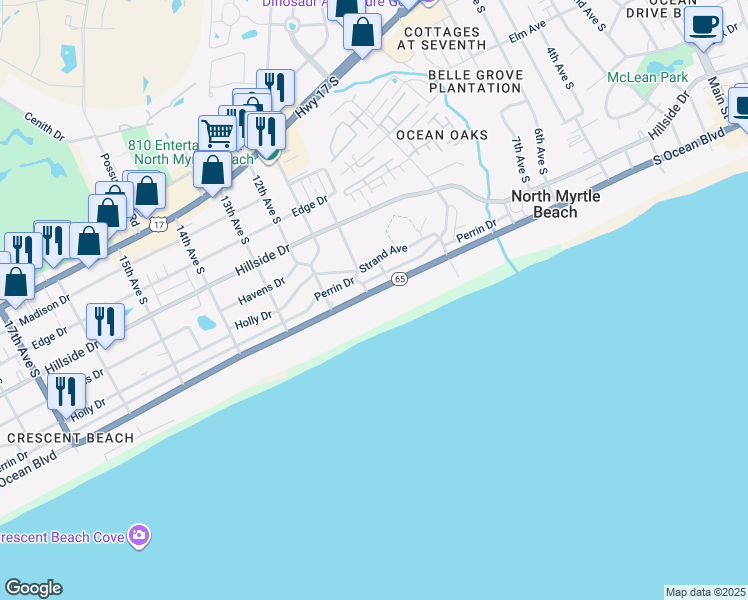 map of restaurants, bars, coffee shops, grocery stores, and more near 1002 South Ocean Boulevard in North Myrtle Beach