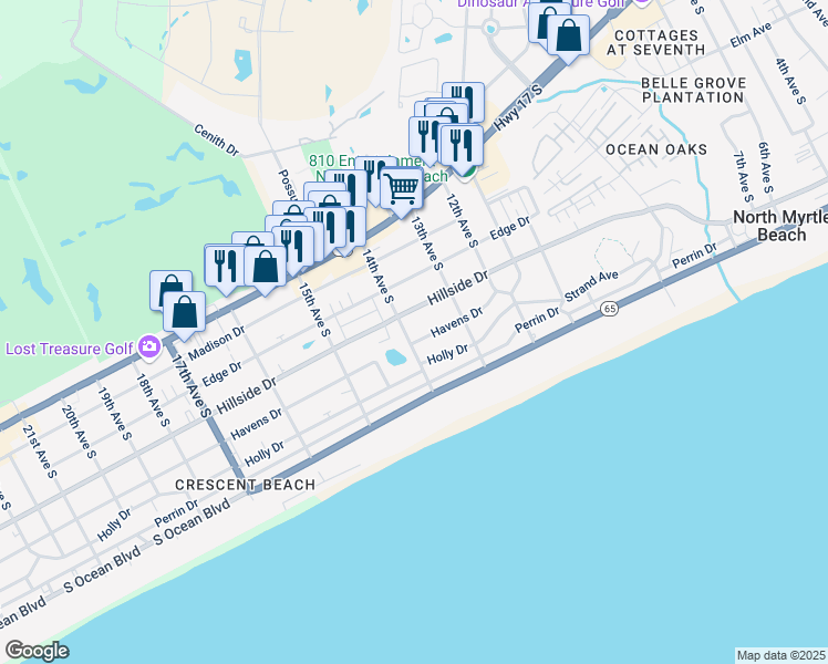 map of restaurants, bars, coffee shops, grocery stores, and more near 506 14th Avenue South in North Myrtle Beach