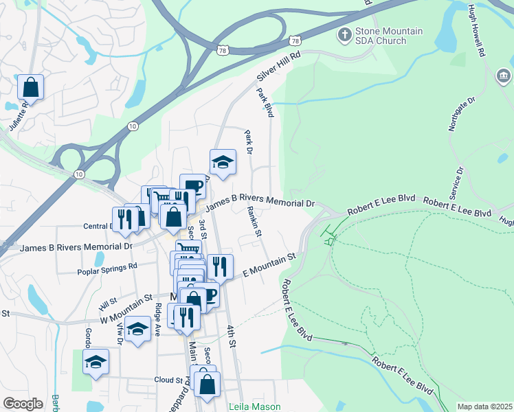 map of restaurants, bars, coffee shops, grocery stores, and more near 6751 James B Rivers Memorial Drive in Stone Mountain