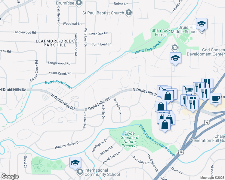map of restaurants, bars, coffee shops, grocery stores, and more near 2535 Asbury Court in Decatur
