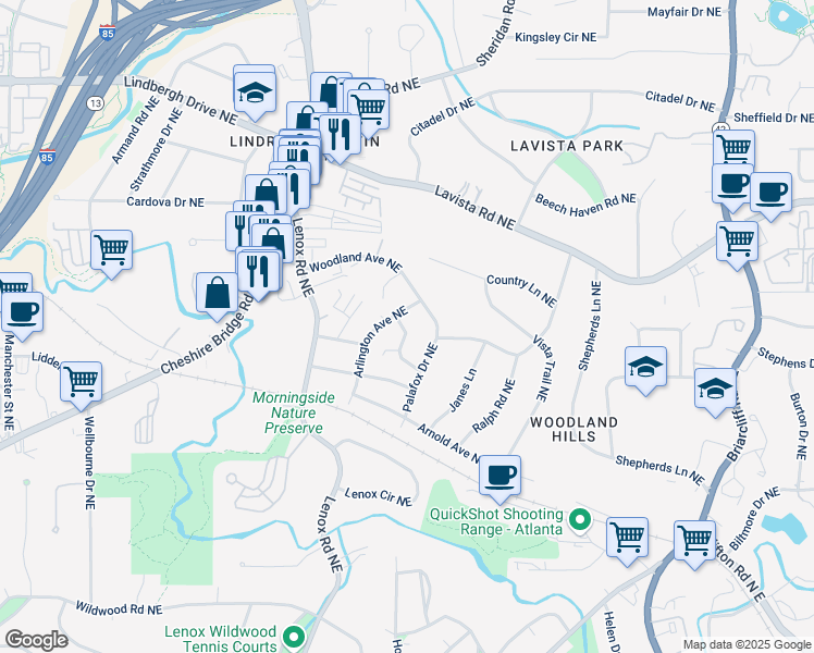map of restaurants, bars, coffee shops, grocery stores, and more near 1151 Arlington Parkway Northeast in Atlanta
