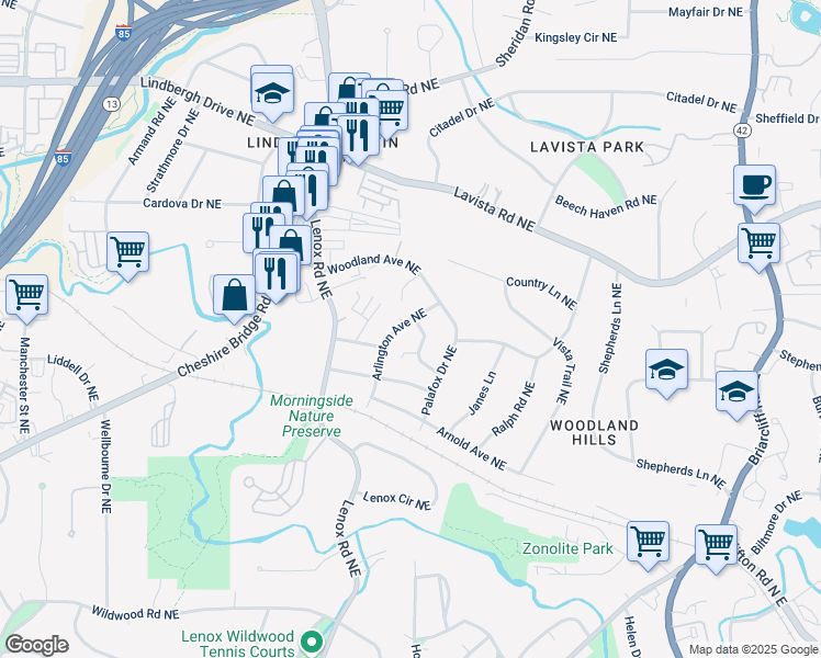 map of restaurants, bars, coffee shops, grocery stores, and more near 2129 Arlington Avenue Northeast in Atlanta