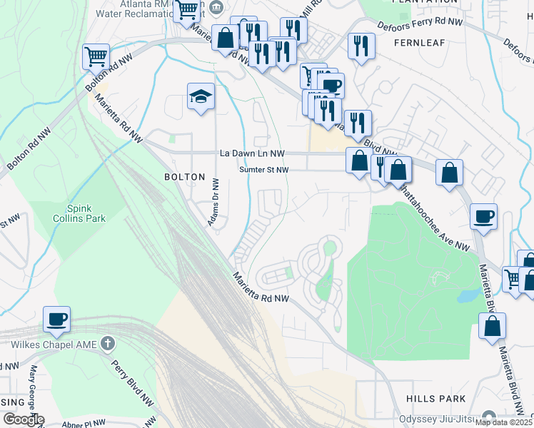 map of restaurants, bars, coffee shops, grocery stores, and more near 1944 Westside Boulevard Northwest in Atlanta