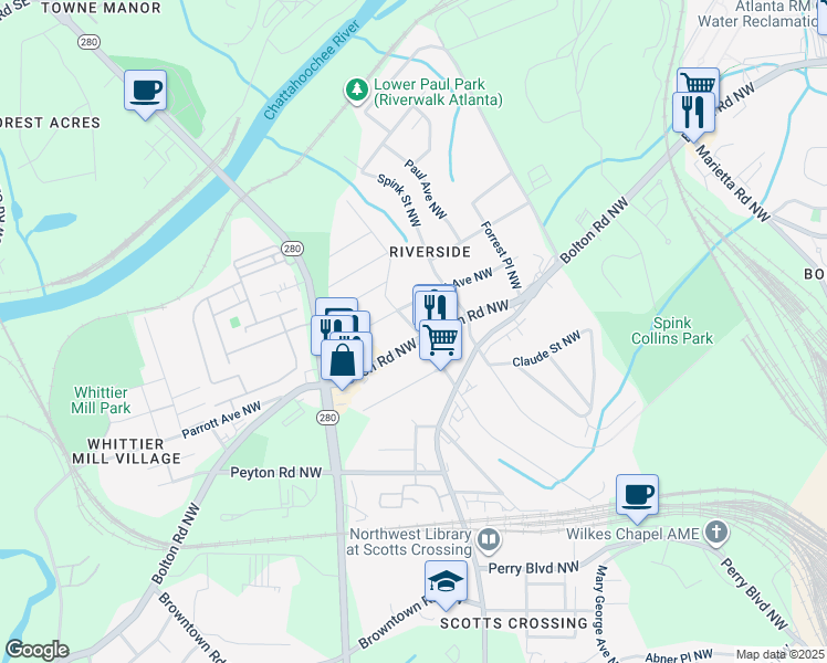 map of restaurants, bars, coffee shops, grocery stores, and more near 2088 Bolton Road Northwest in Atlanta