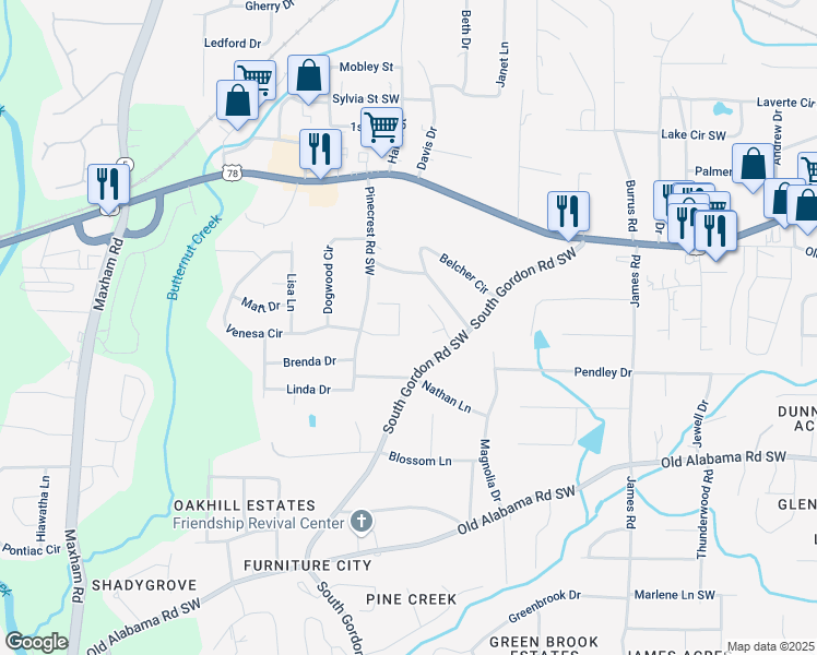 map of restaurants, bars, coffee shops, grocery stores, and more near 1864 Drew Circle in Austell