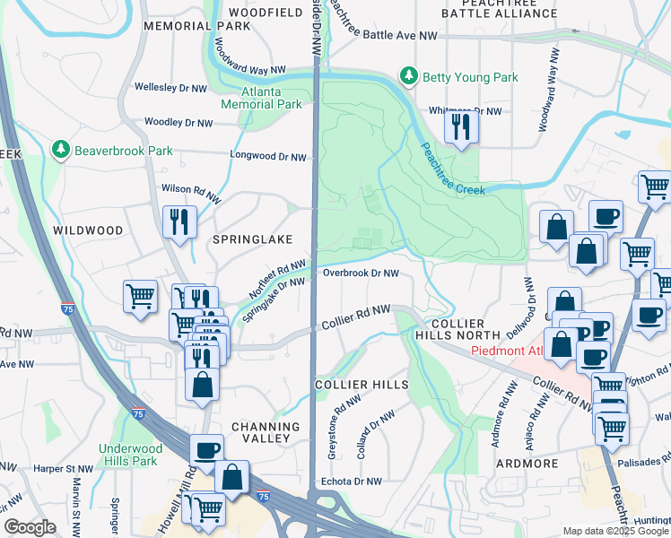 map of restaurants, bars, coffee shops, grocery stores, and more near 571 Overbrook Drive Northwest in Atlanta