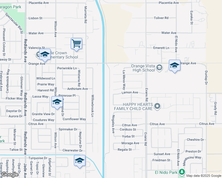 map of restaurants, bars, coffee shops, grocery stores, and more near 1012 Madera Street in Perris