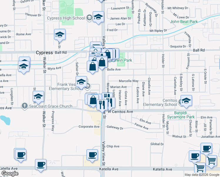 map of restaurants, bars, coffee shops, grocery stores, and more near 10300 Miranda Avenue in Buena Park