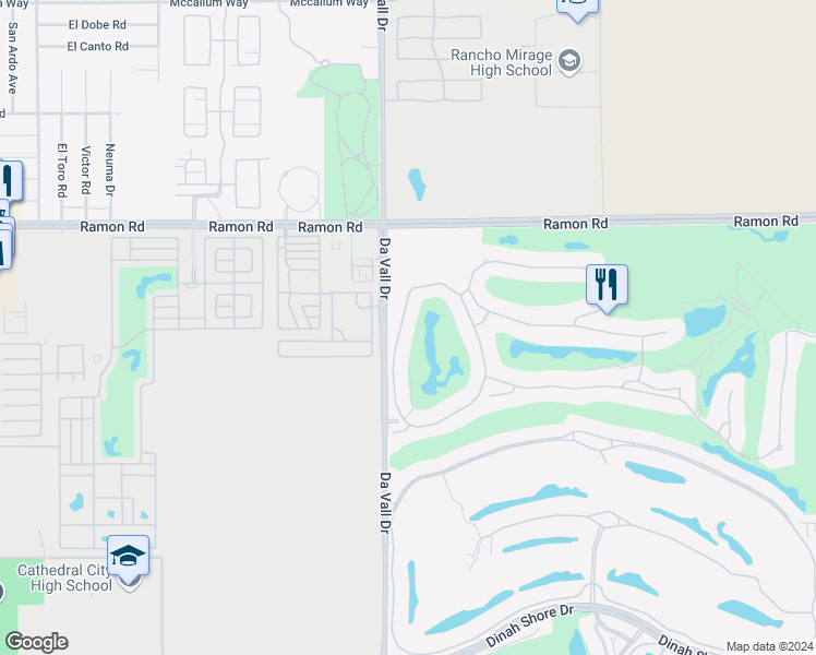 map of restaurants, bars, coffee shops, grocery stores, and more near 88 Vía Las Flores in Rancho Mirage