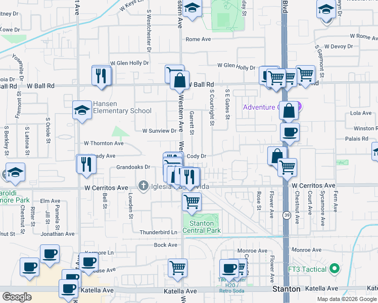 map of restaurants, bars, coffee shops, grocery stores, and more near 10290 Western Avenue in Stanton
