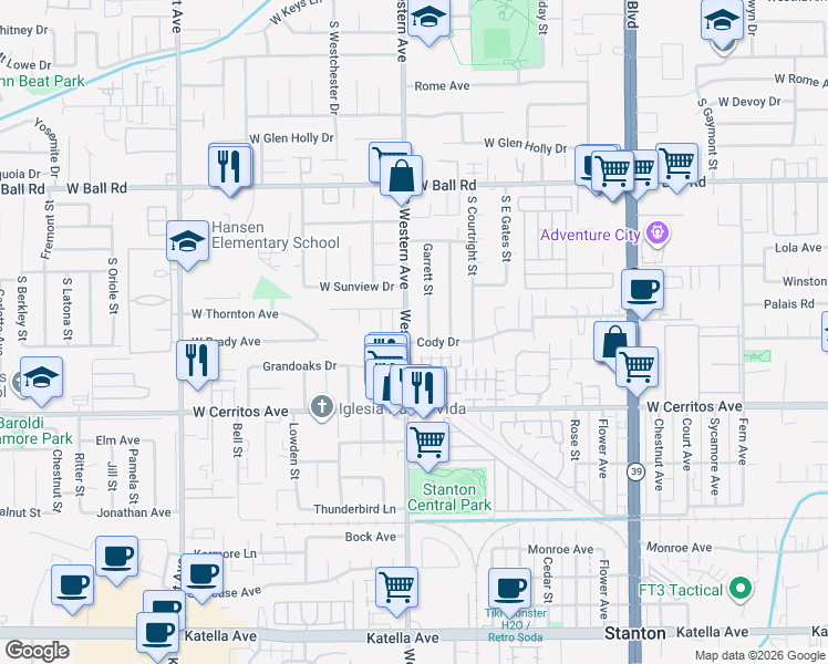 map of restaurants, bars, coffee shops, grocery stores, and more near 10290 Western Avenue in Stanton