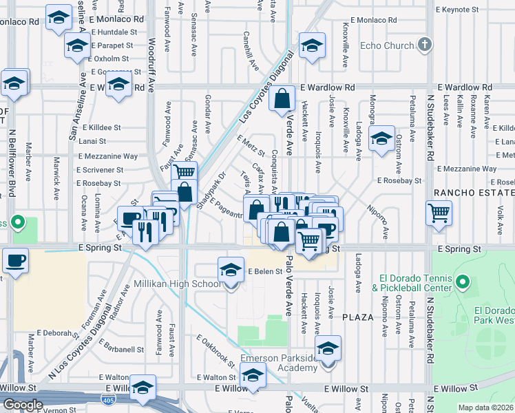 map of restaurants, bars, coffee shops, grocery stores, and more near 3085 Carfax Avenue in Long Beach