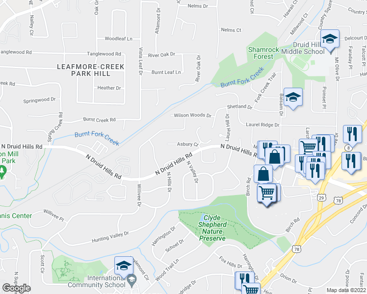 map of restaurants, bars, coffee shops, grocery stores, and more near 2535 Asbury Court in Decatur
