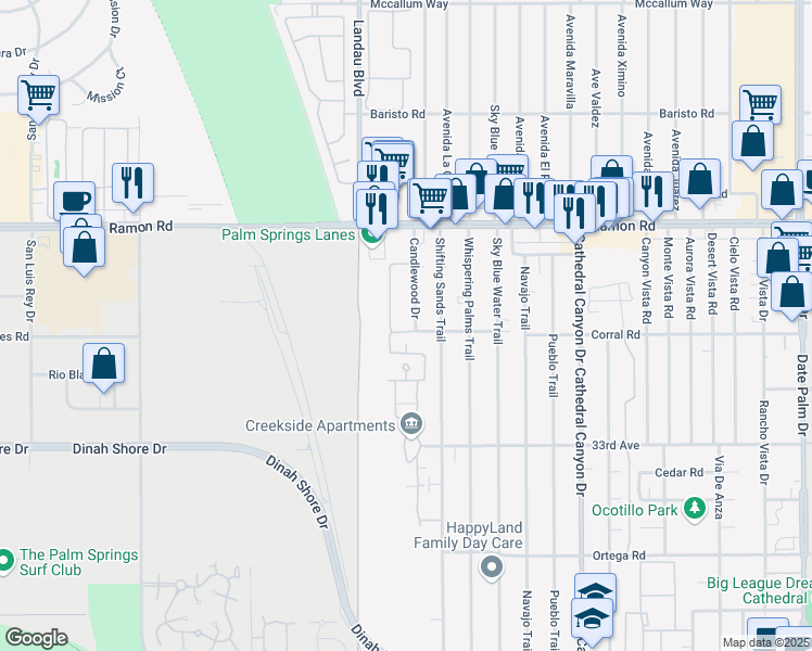 map of restaurants, bars, coffee shops, grocery stores, and more near 24 Mission Indian Trail in Cathedral City