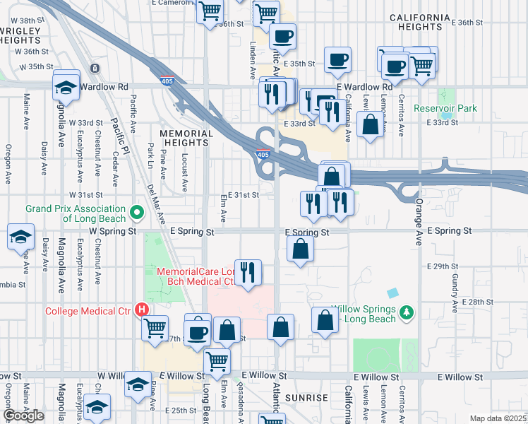 map of restaurants, bars, coffee shops, grocery stores, and more near 3075 Linden Avenue in Long Beach