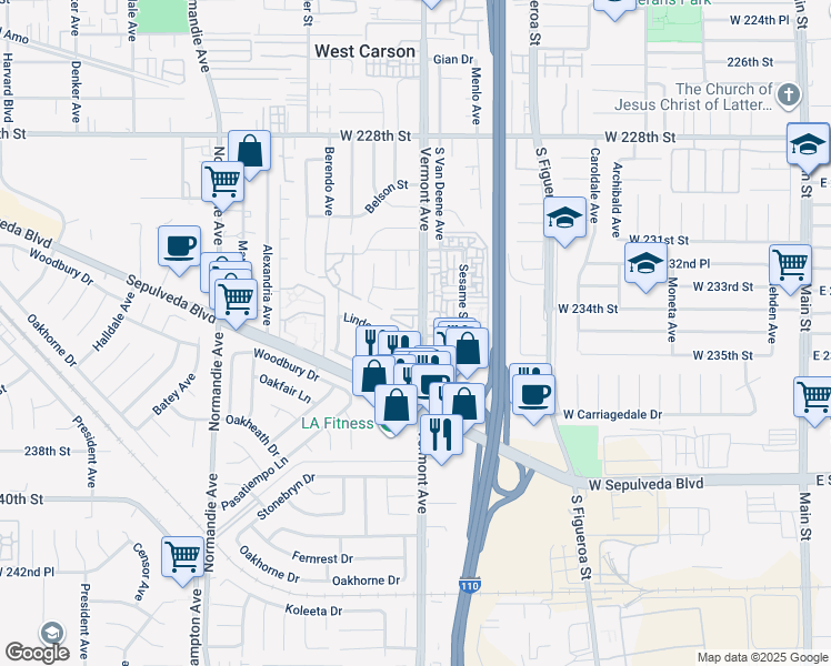 map of restaurants, bars, coffee shops, grocery stores, and more near 23439 South Vermont Avenue in Torrance