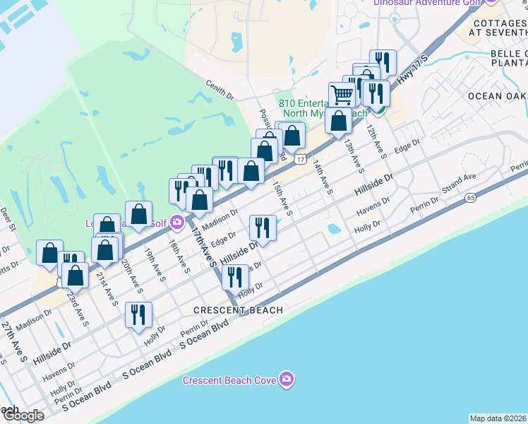 map of restaurants, bars, coffee shops, grocery stores, and more near 1510 Edge Drive in North Myrtle Beach