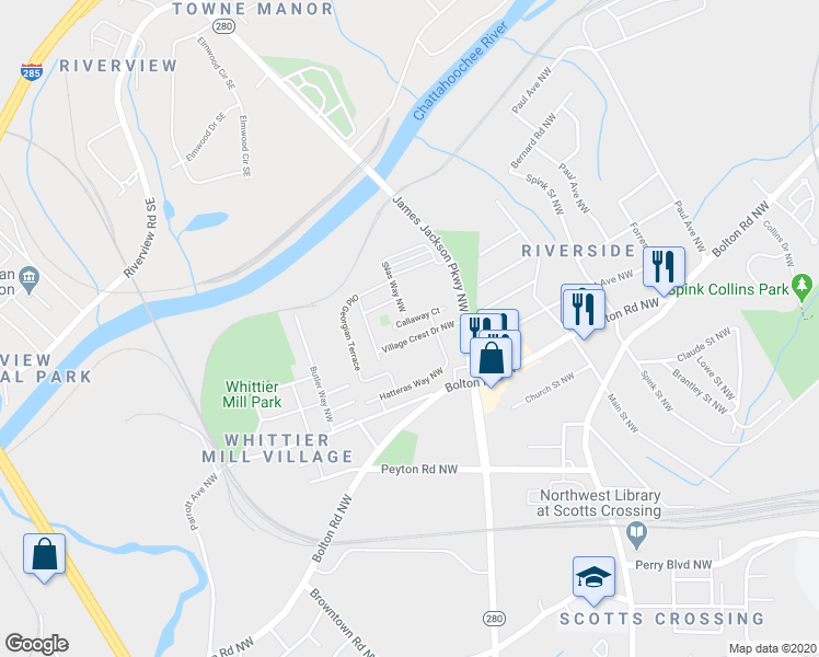 map of restaurants, bars, coffee shops, grocery stores, and more near 2061 Callaway Court in Atlanta